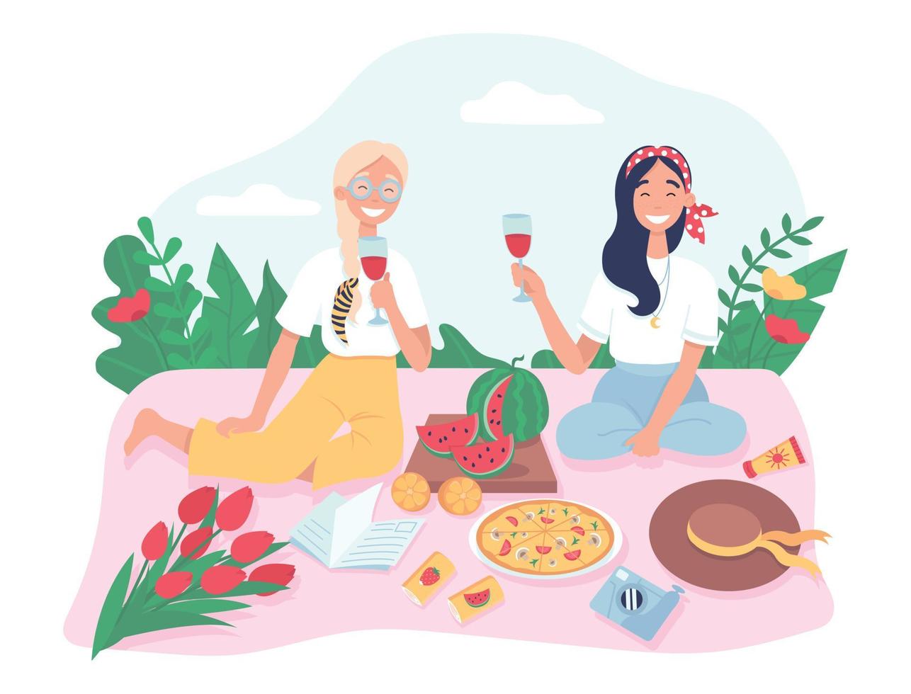 Friends have picnic in park. Girls on summer recreation activities, eating watermelon and pizza outdoors and spending time. Flat vector illustration on a white background