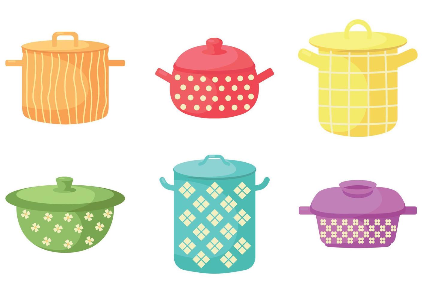 Cartoon cooking pots. Set of kitchen utensils. Kitchen colorful appliances. Flat vector illustration on a white background.