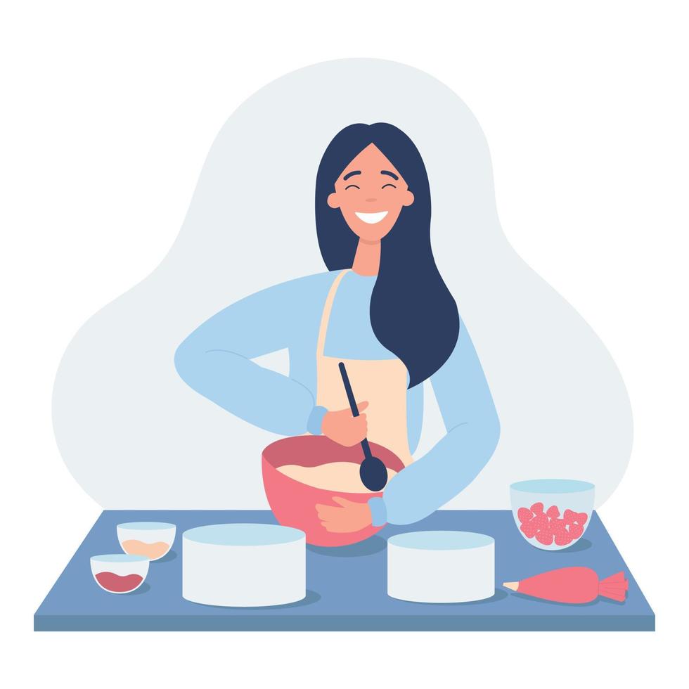 Girl is stirring the dough. The confectioner wants to bake a cake. Hobby. Flat vector illustration on a white background.