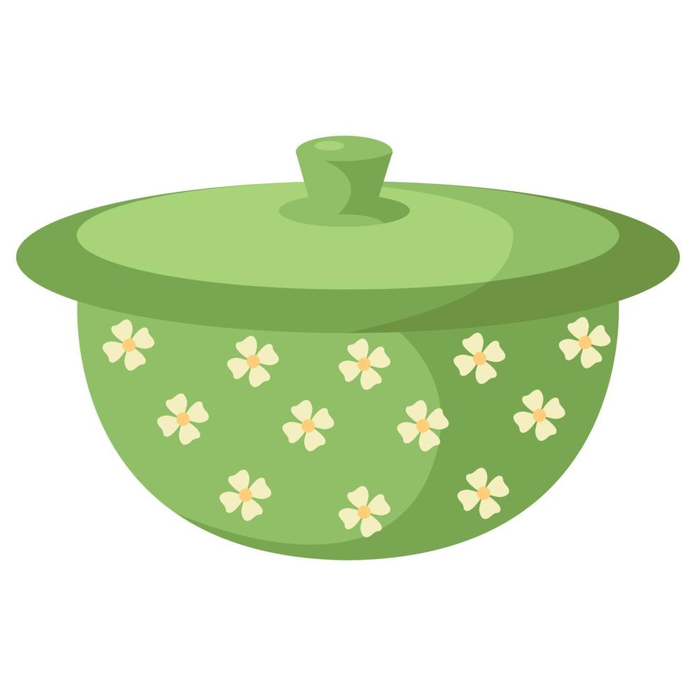 Cartoon cooking pot. Green saucepan. Kitchen colorful appliance. Flat vector illustration on a white background.