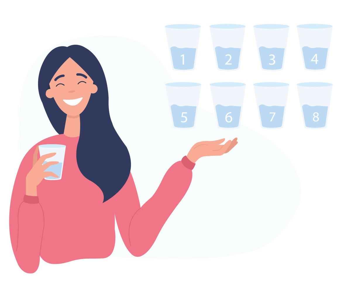 Water balance tracker. Young girl holds a glass of water. Flat vector illustration on a white background.