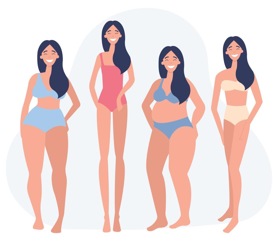 Women of different weigh, figure type. Body positive movement and beauty diversity. Flat vector illustration on a white background.