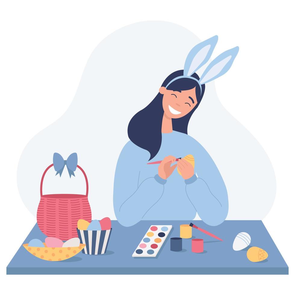 una mujer pintando huevos de pascua. mujer feliz preparándose para pascua. ilustración de vector plano sobre un fondo blanco.