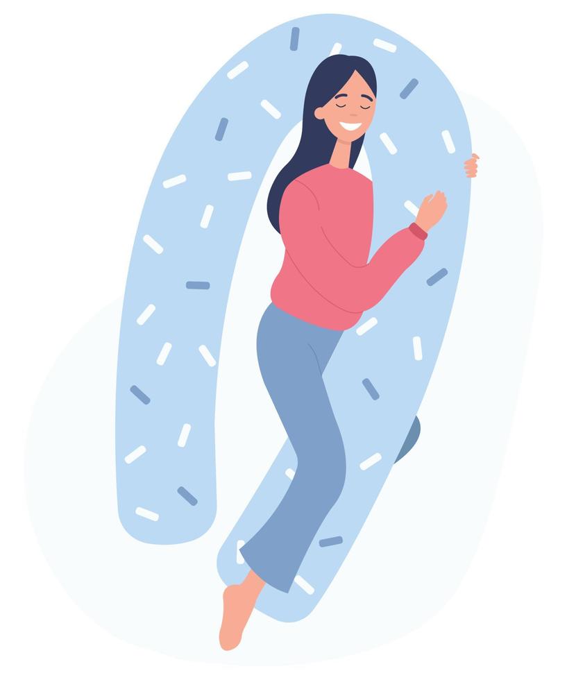 Flat vector illustration on a white background. Sleeping pregnant girl on the pillow for pregnant women.Happy pregnancy period.