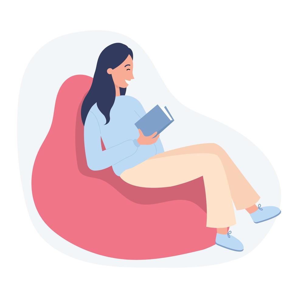 Girl sitting with book at home in a beanbag chair. Hobby, leisure and education idea. Flat vector illustration on a white background.