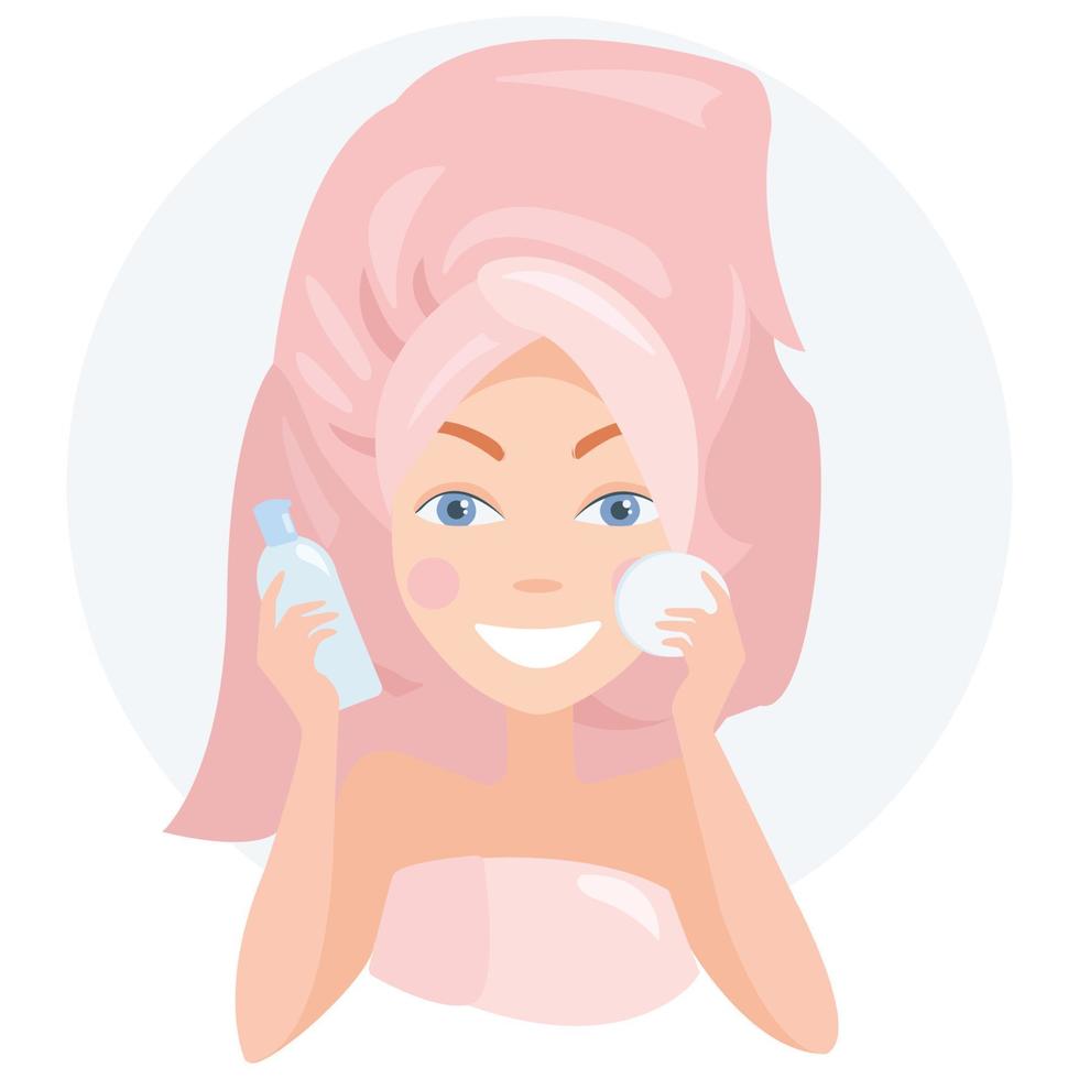 Girl wipes her face with a cotton pad. She rubs his face with tonic. Vector illustration on a white background.