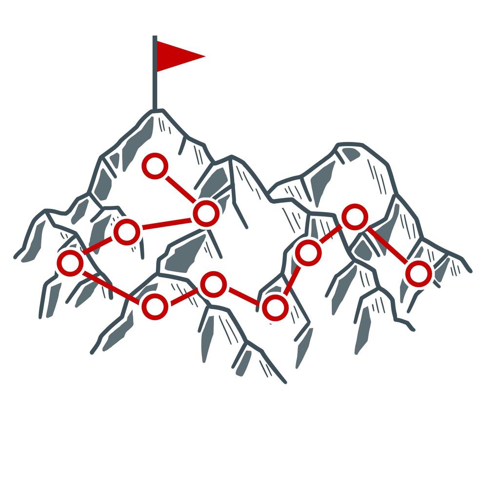 escalando montaña con bandera roja. puntos y etapas del recorrido. vector