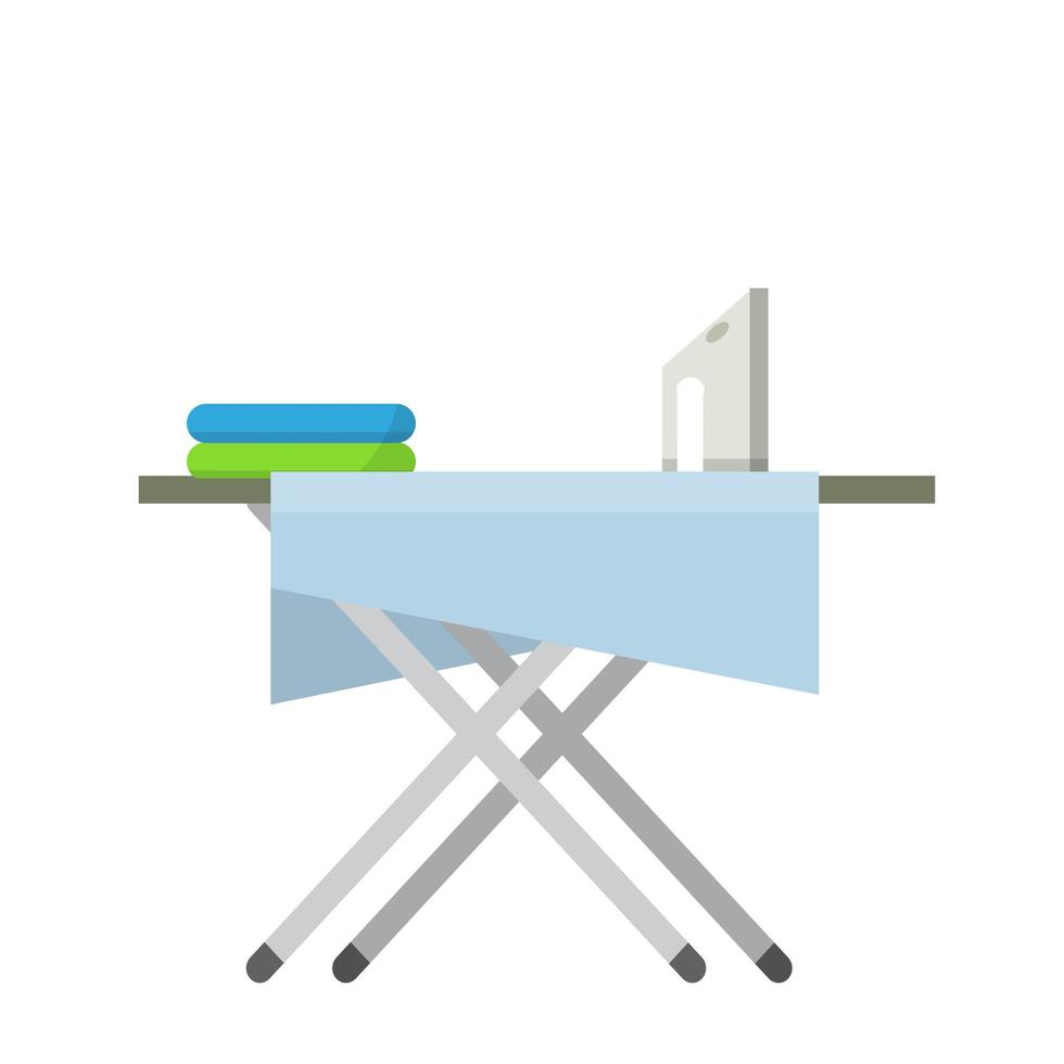 Ironing Board with iron and folded linen. home appliances and care vector