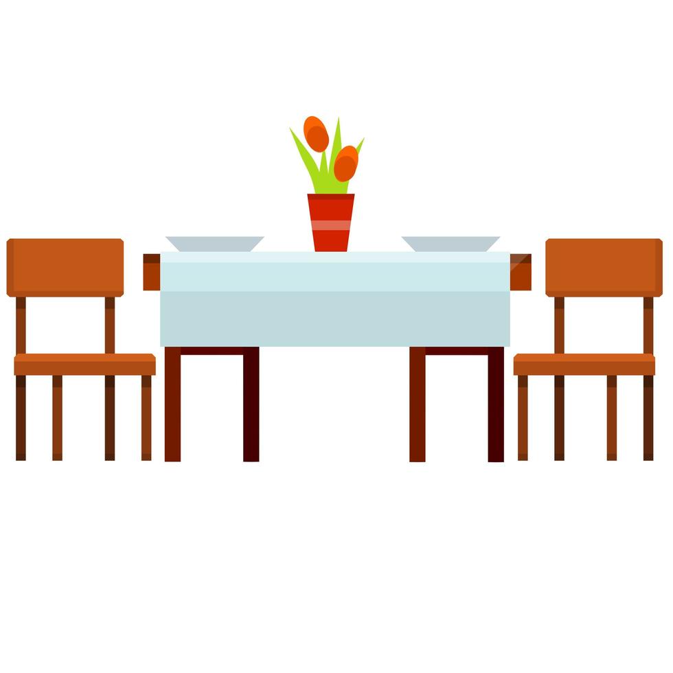 Table and two chairs. Kitchen furniture and tablecloths. vector