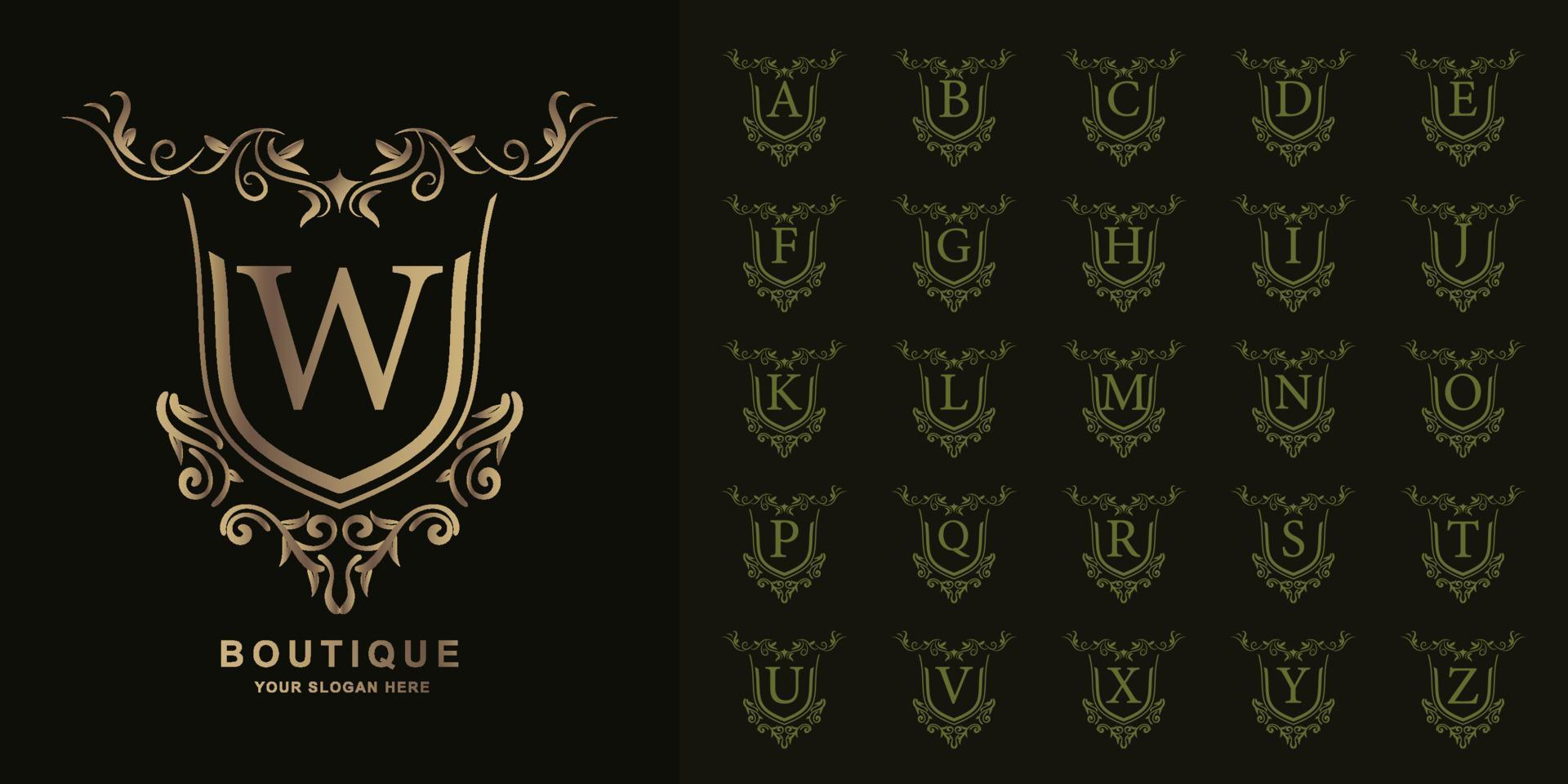 Letter W or collection initial alphabet with luxury ornament floral frame golden logo template. vector
