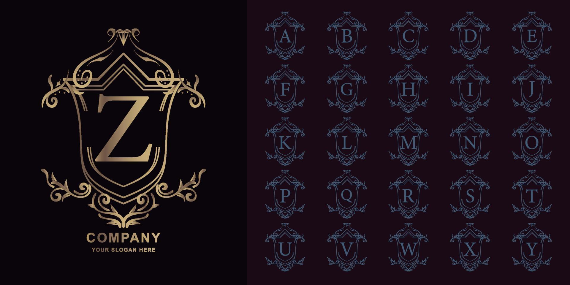 Letter Z or collection initial alphabet with luxury ornament floral frame golden logo template. vector