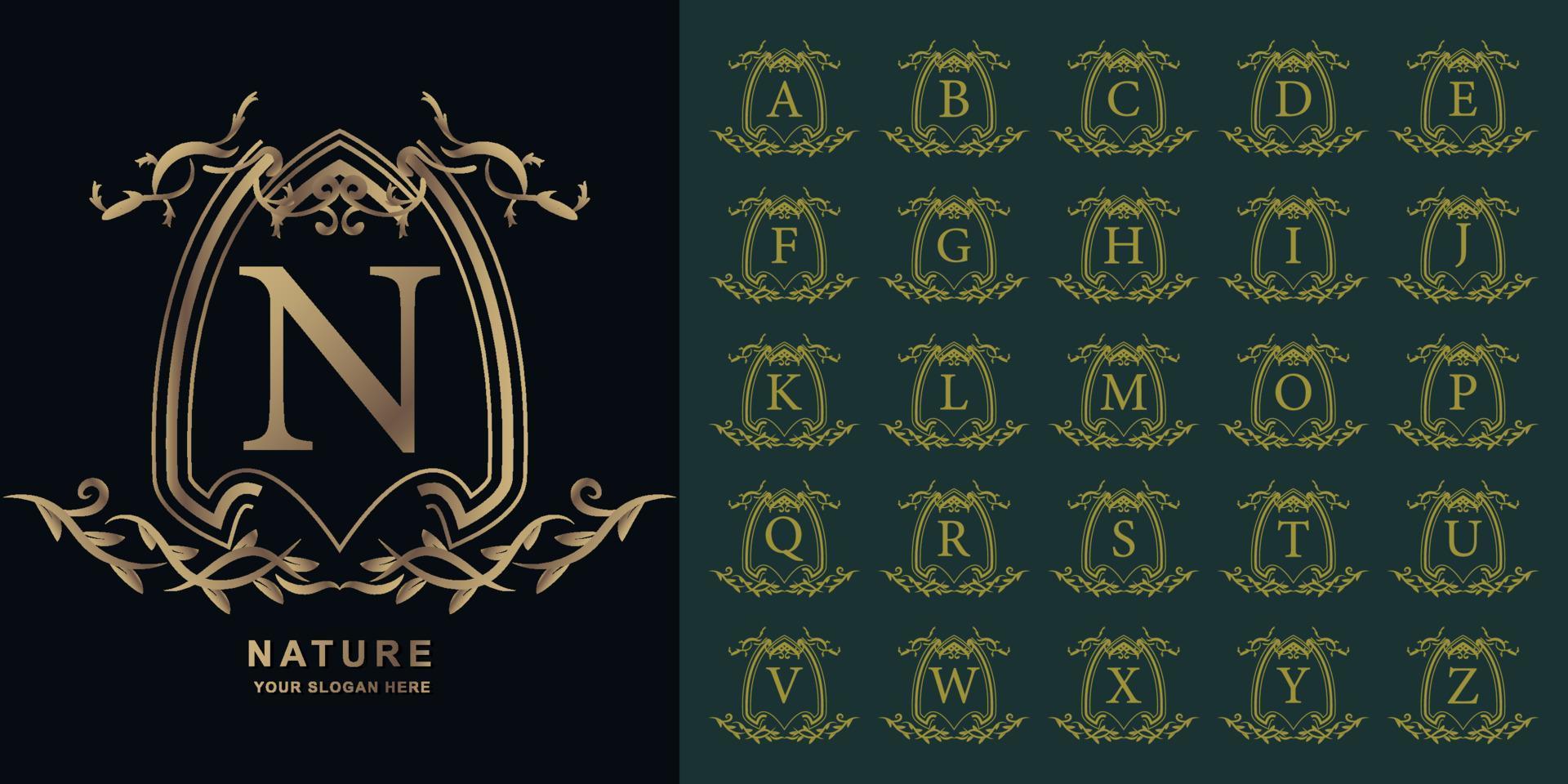 Letter N or collection initial alphabet with luxury ornament floral frame golden logo template. vector