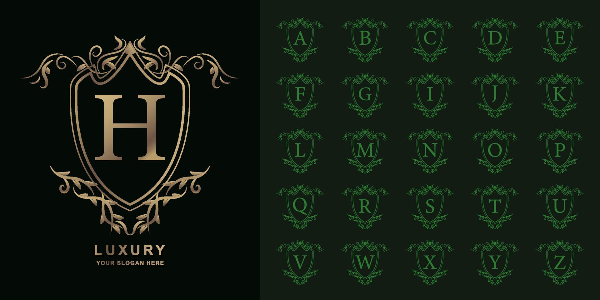 Letter H or collection initial alphabet with luxury ornament floral frame golden logo template. vector