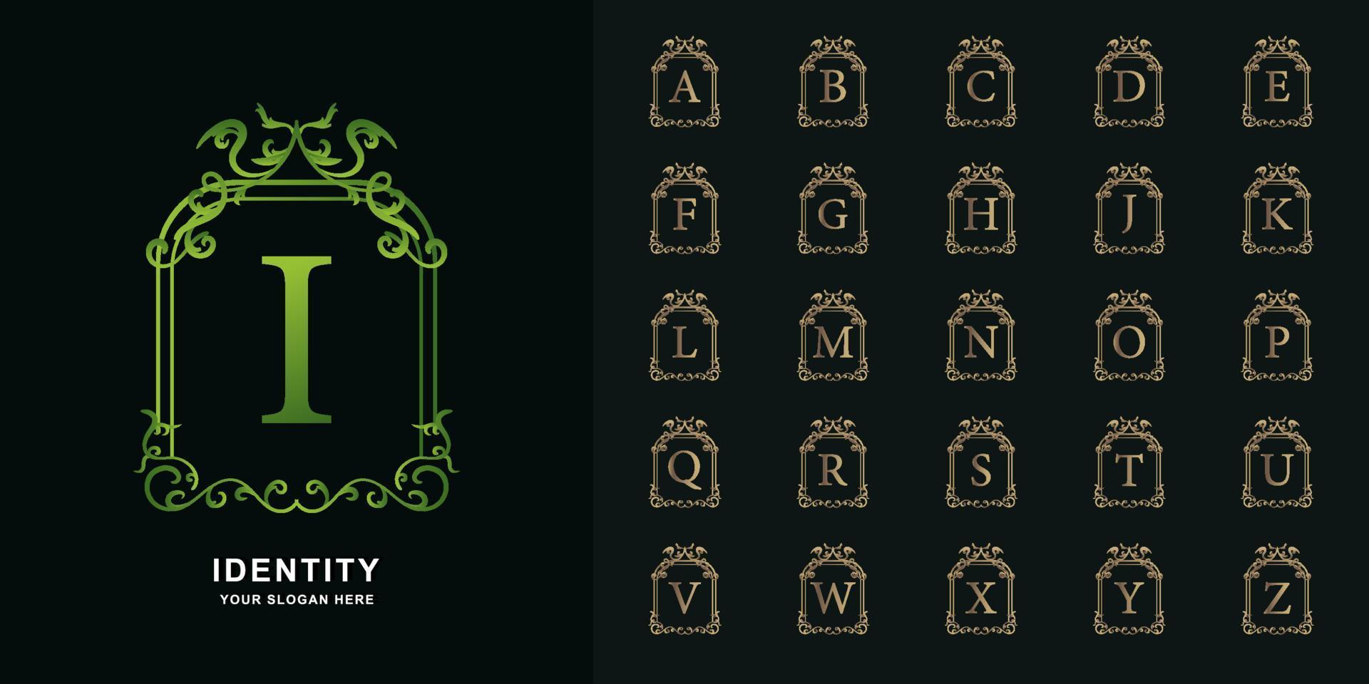 Letter I or collection initial alphabet with luxury ornament floral frame golden logo template. vector