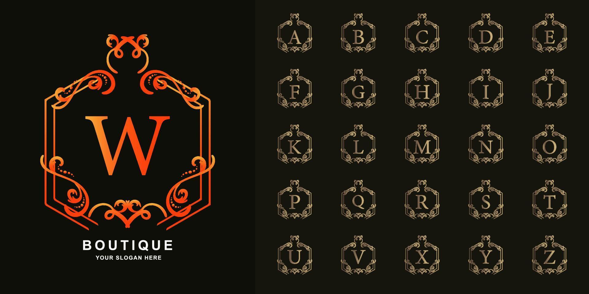 Letter W or collection initial alphabet with luxury ornament floral frame golden logo template. vector