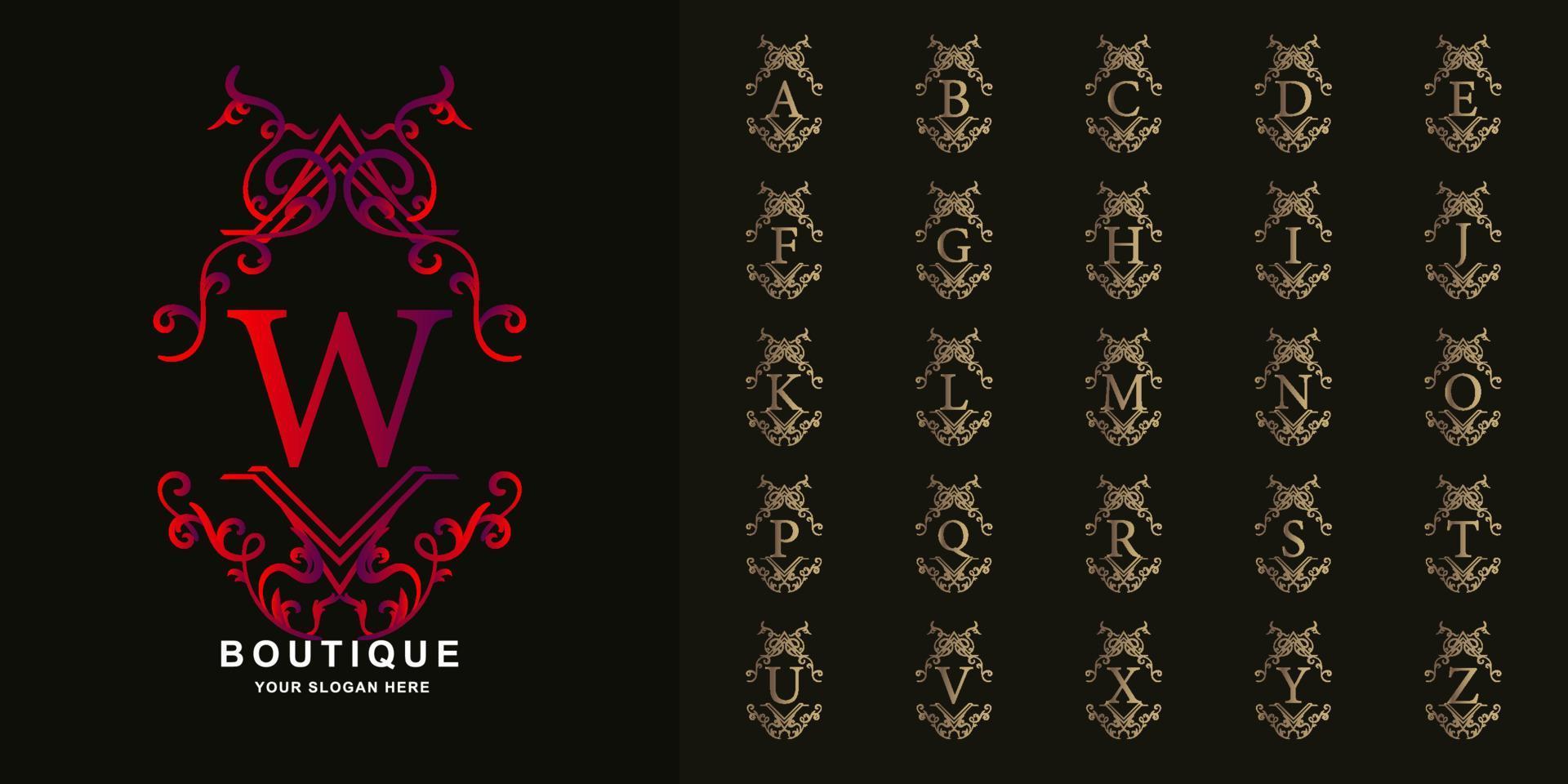 Letter W or collection initial alphabet with luxury ornament floral frame golden logo template. vector