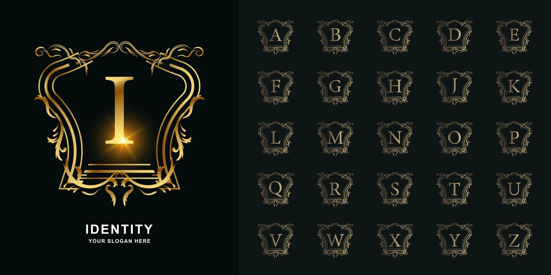 Letter I or collection initial alphabet with luxury ornament floral frame golden logo template. vector