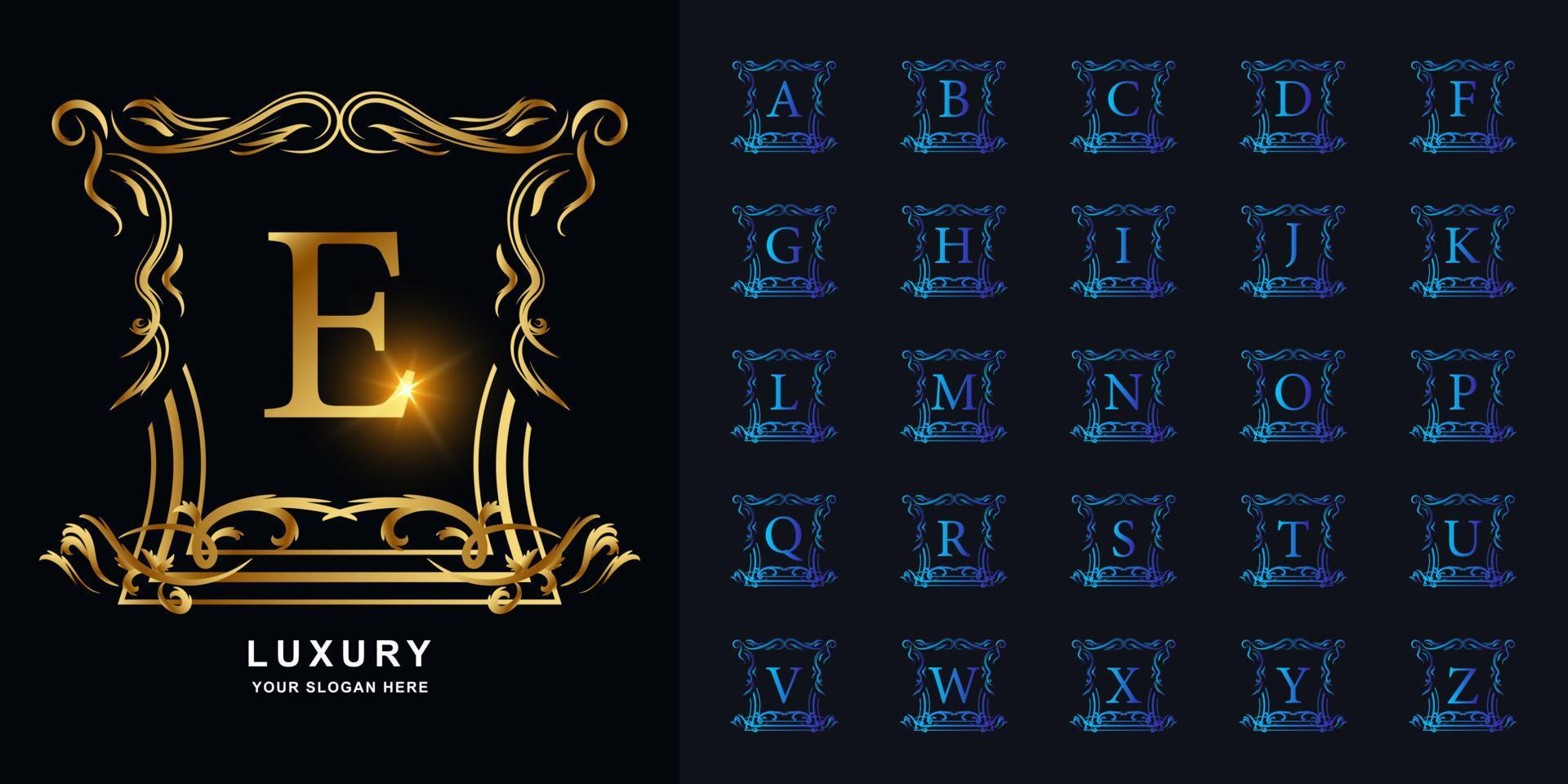 Letter E or collection initial alphabet with luxury ornament floral frame golden logo template. vector