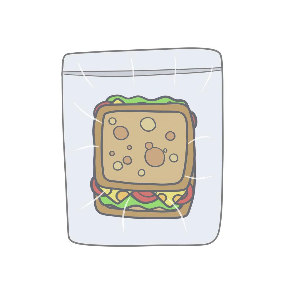 sándwich en bolsa. paquete con desayuno. almuerzo escolar en bolsa con cierre hermético. vector