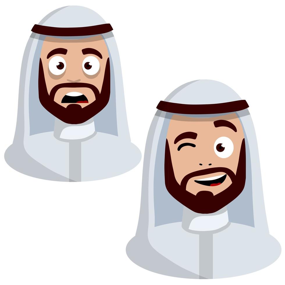 Smiling and sad face of Arab man in white national dress. vector