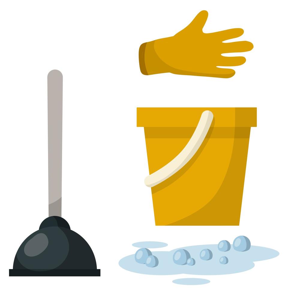 Set of plumbing items. Yellow bucket, glove, puddle of water vector