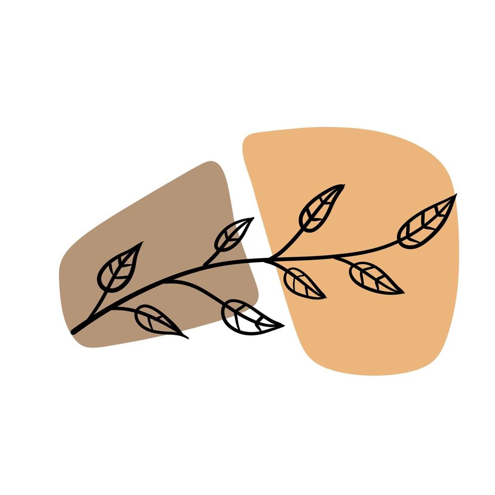 planta sobre fondo de manchas de colores. rama botánica negra y patrón abstracto geométrico marrón en un estilo minimalista. objeto de garabato de línea vector