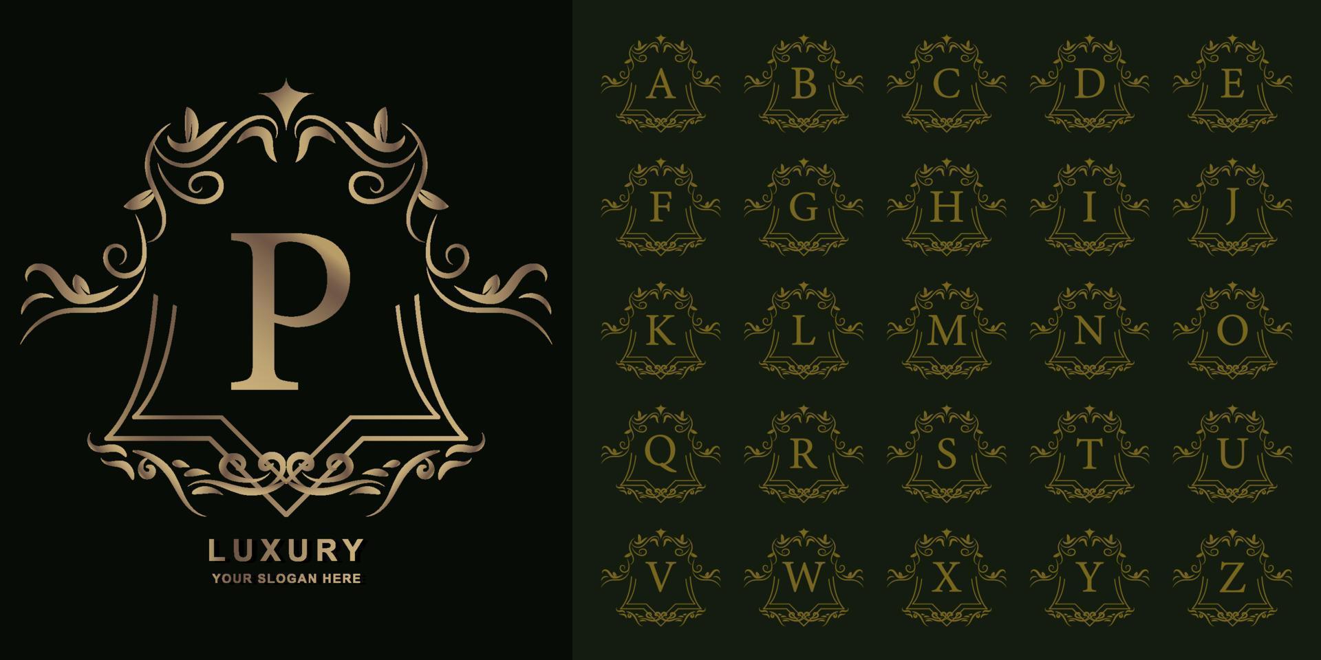 Letter P or collection initial alphabet with luxury ornament floral frame golden logo template. vector