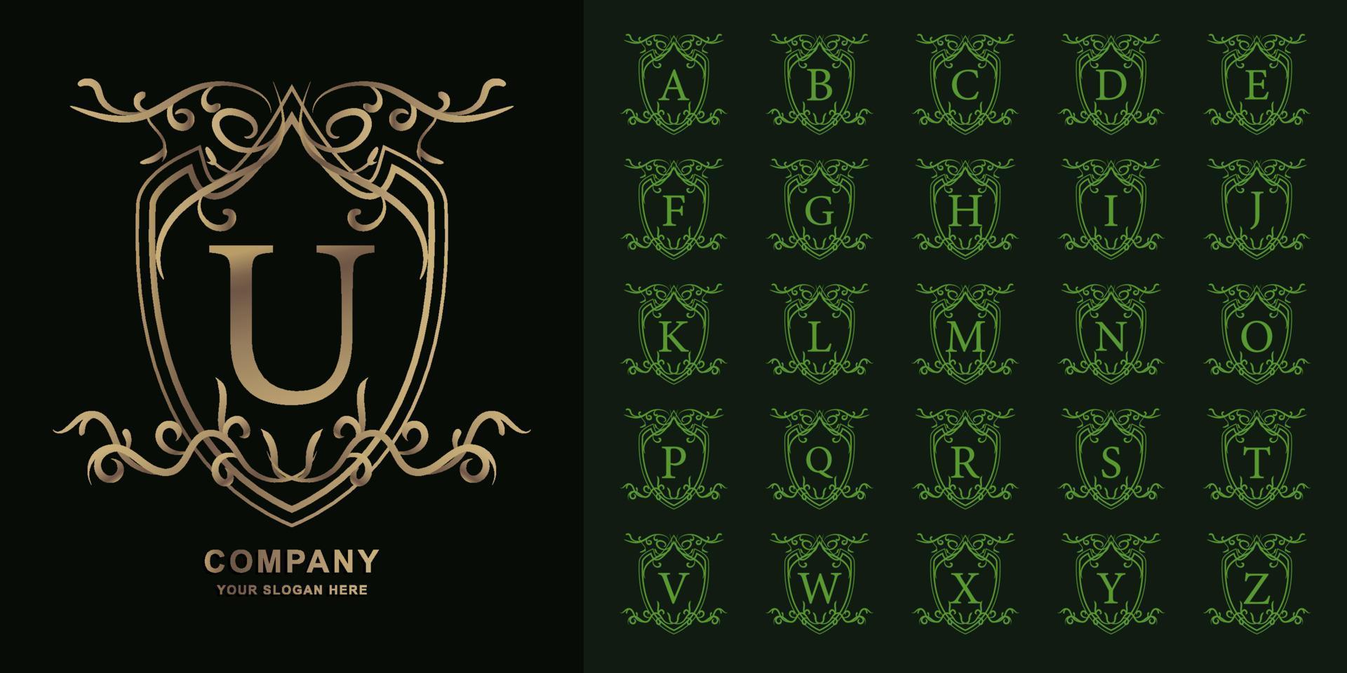 Letter U or collection initial alphabet with luxury ornament floral frame golden logo template. vector