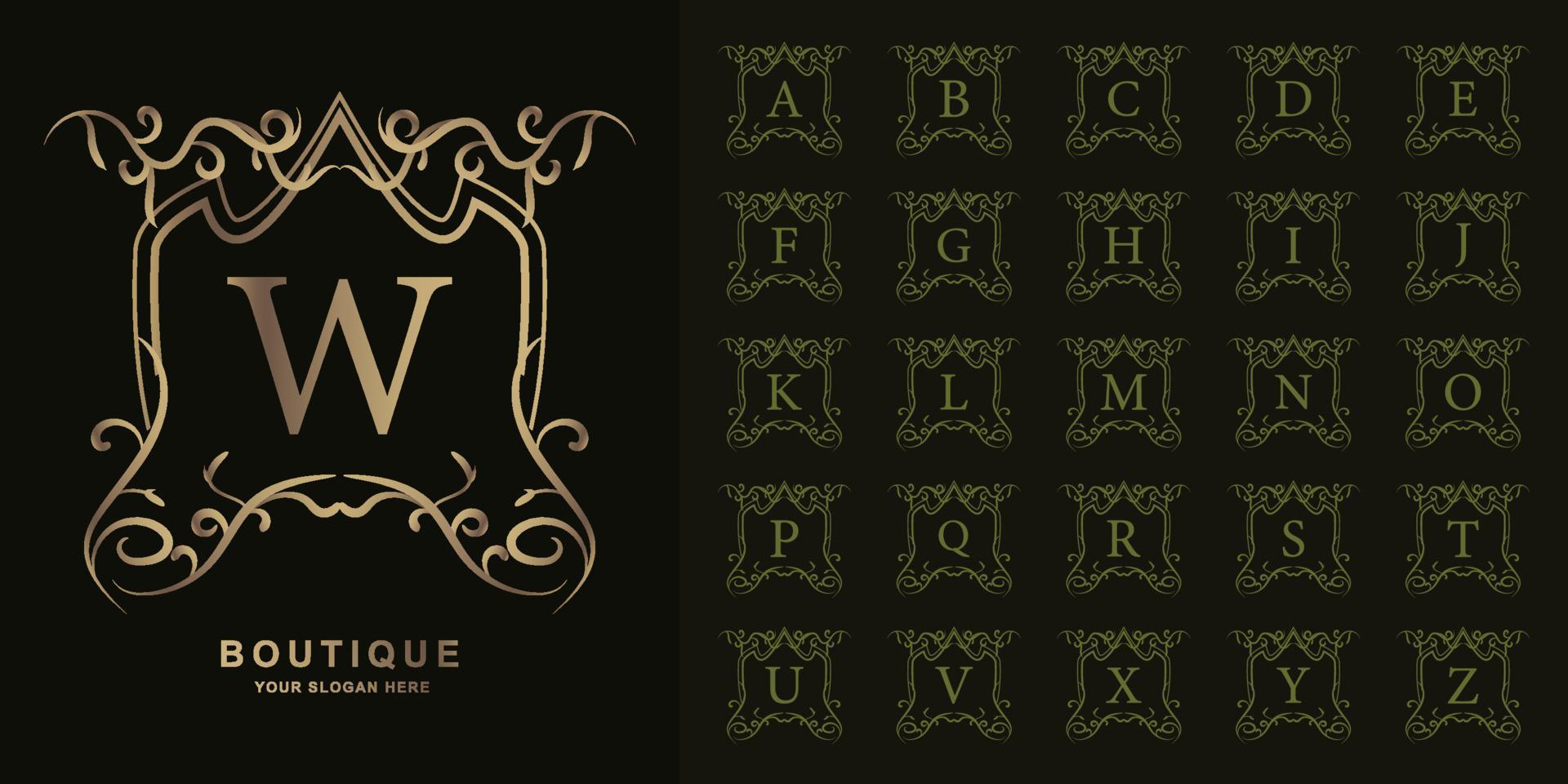 Letter W or collection initial alphabet with luxury ornament floral frame golden logo template. vector