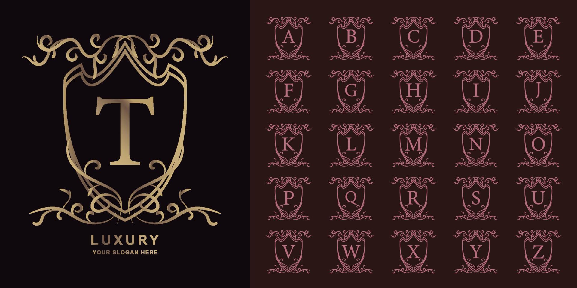 letra t o alfabeto inicial de colección con plantilla de logotipo dorado de marco floral de adorno de lujo. vector