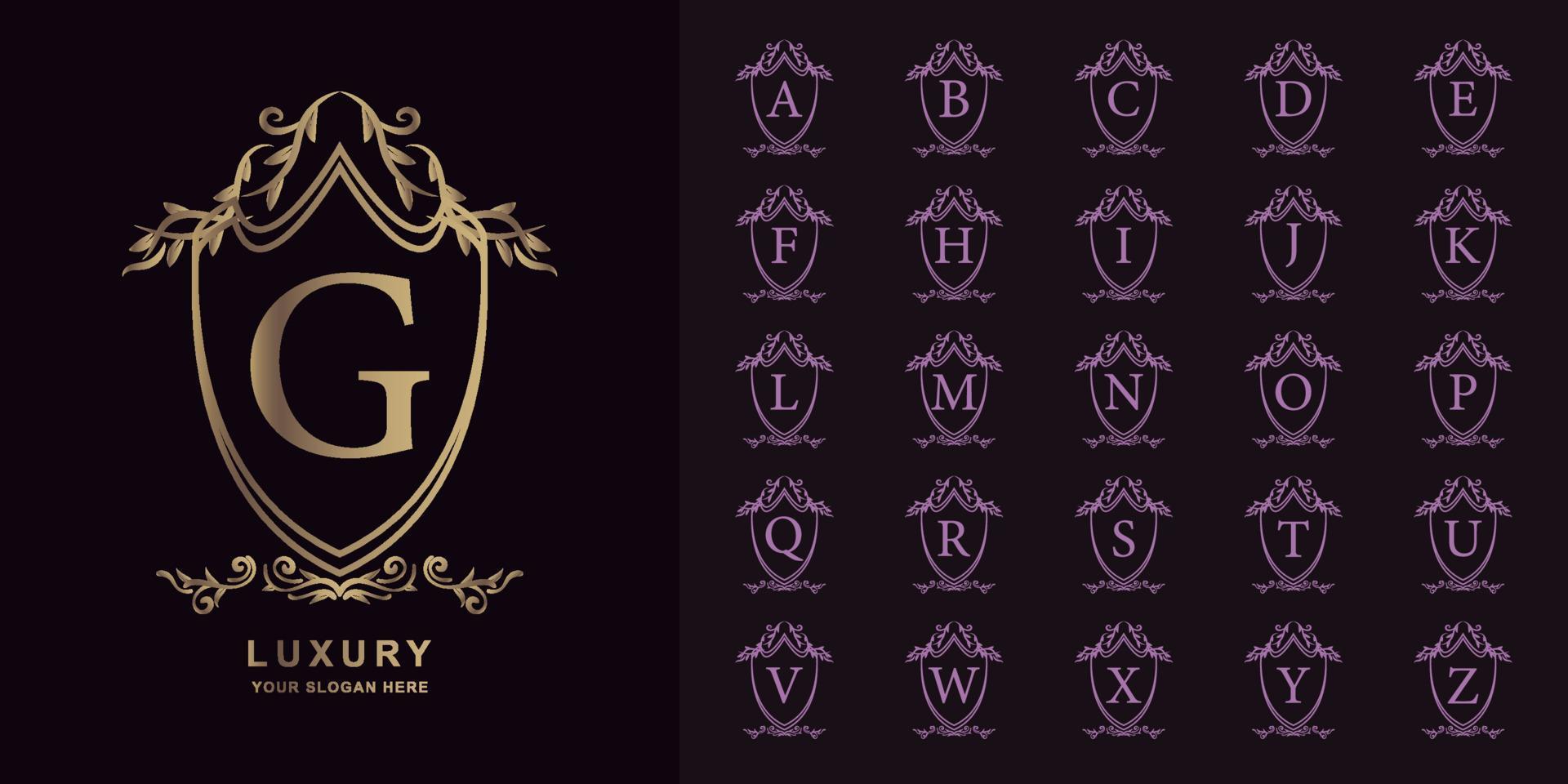 Letter G or collection initial alphabet with luxury ornament floral frame golden logo template. vector