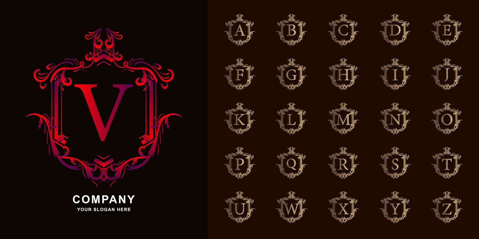 Letter V or collection initial alphabet with luxury ornament floral frame golden logo template. vector