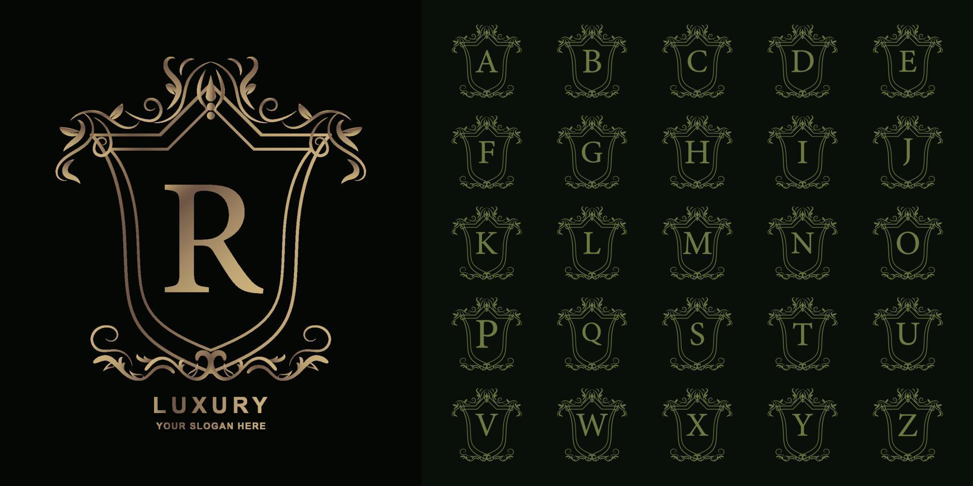 Letter R or collection initial alphabet with luxury ornament floral frame golden logo template. vector