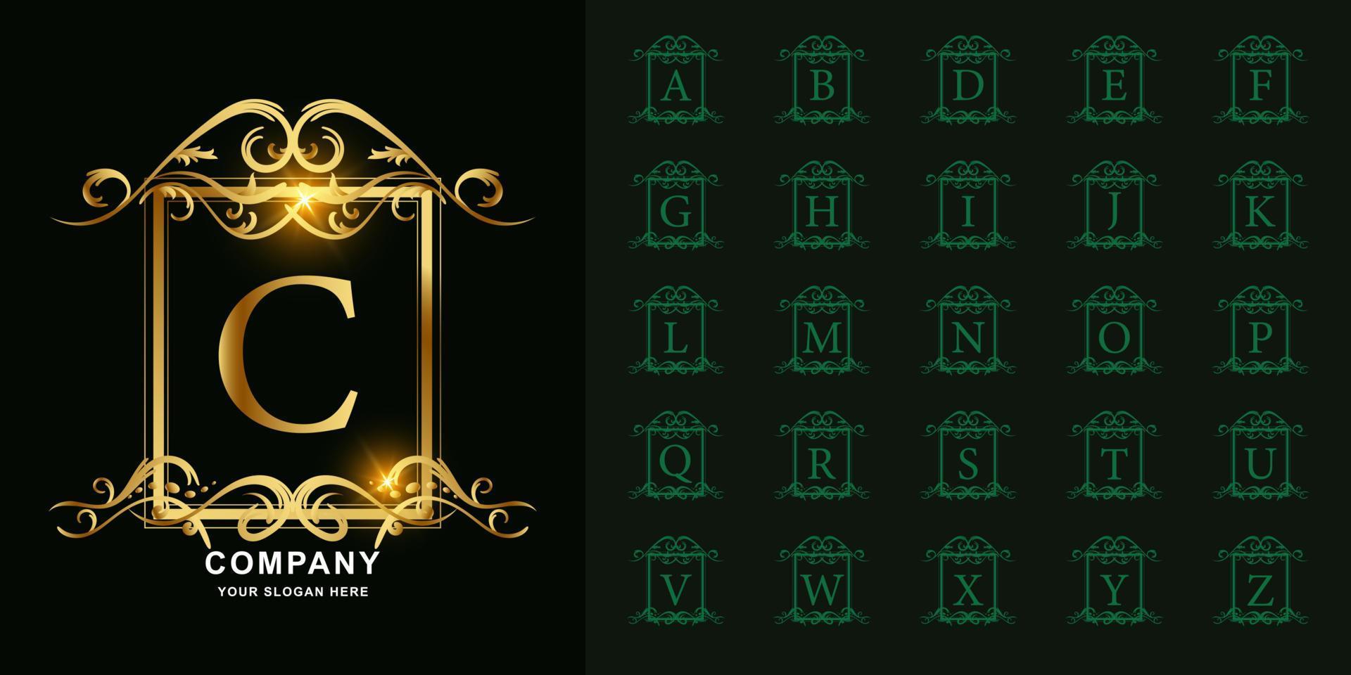 Letter C or collection initial alphabet with luxury ornament floral frame golden logo template. vector