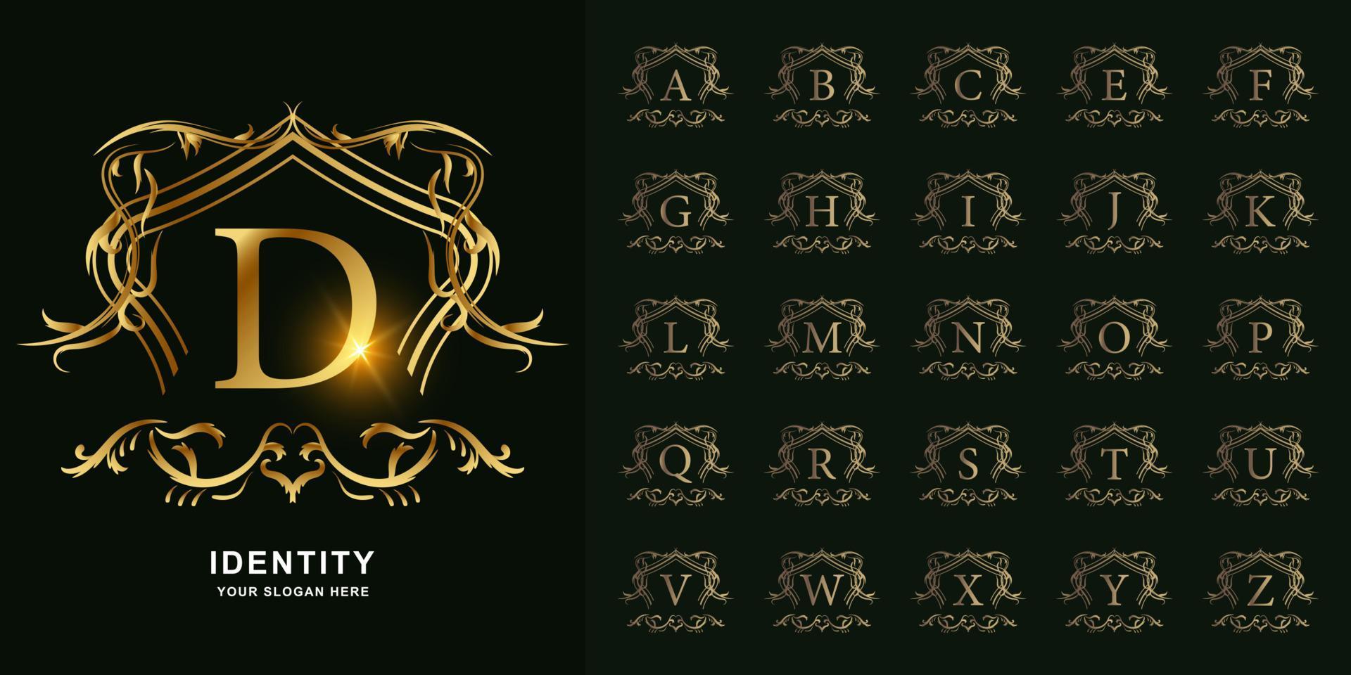 Letter D or collection initial alphabet with luxury ornament floral frame golden logo template. vector