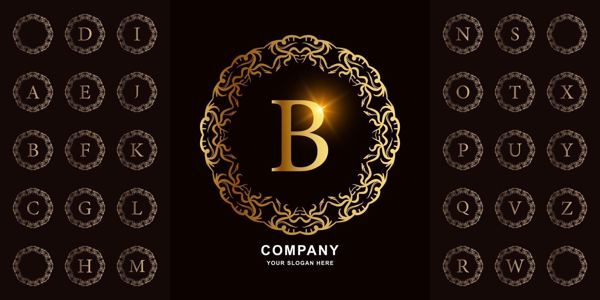 Letter B or collection initial alphabet with luxury ornament floral frame golden logo template. vector