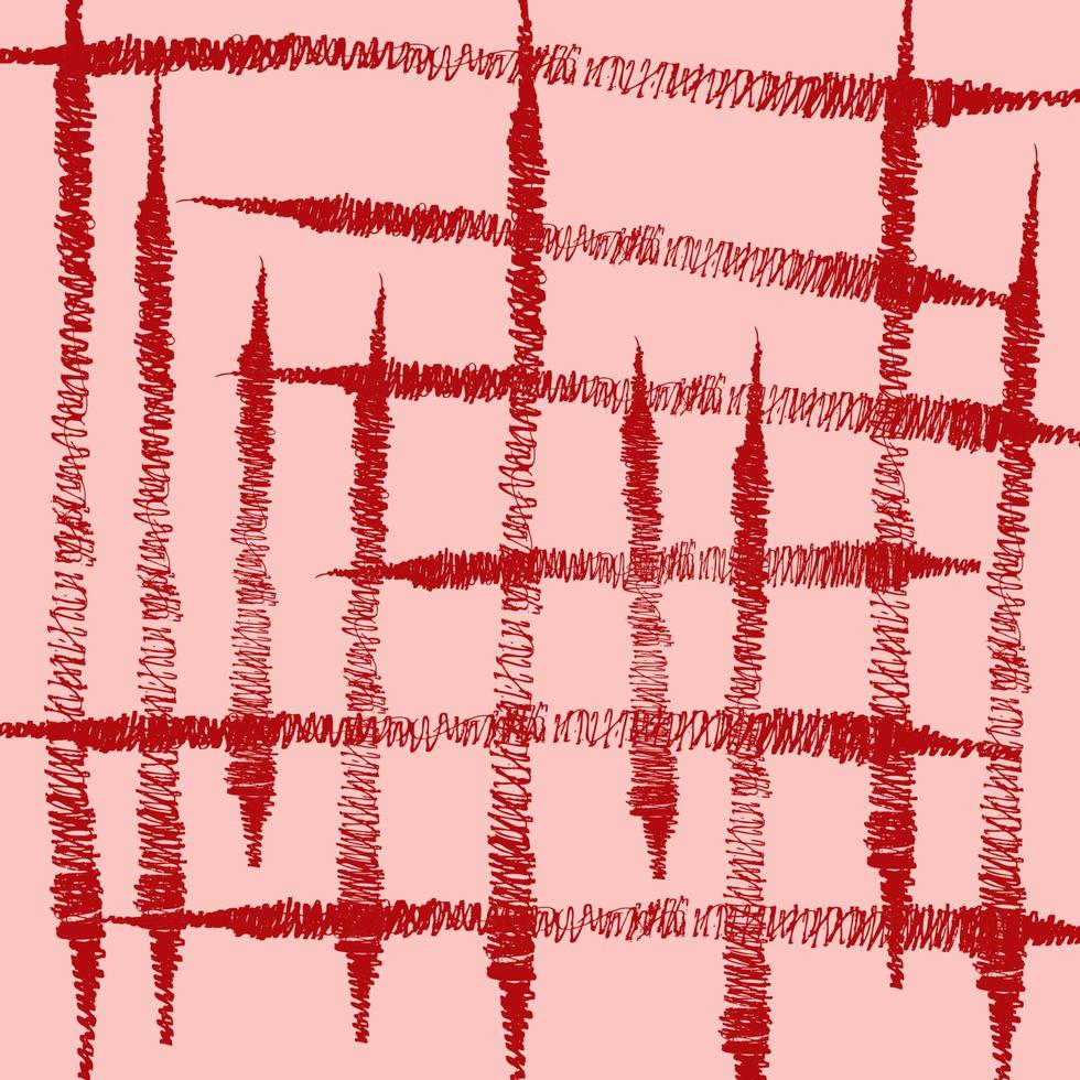 Vector seamless pattern with red ink stripes on pink background. Monochrome hand drawn texture.