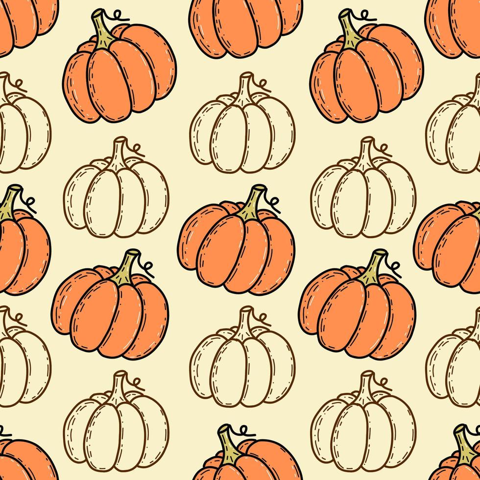 Seamless pattern with hand drawn cute pumpkin in cartoon style. Flat
