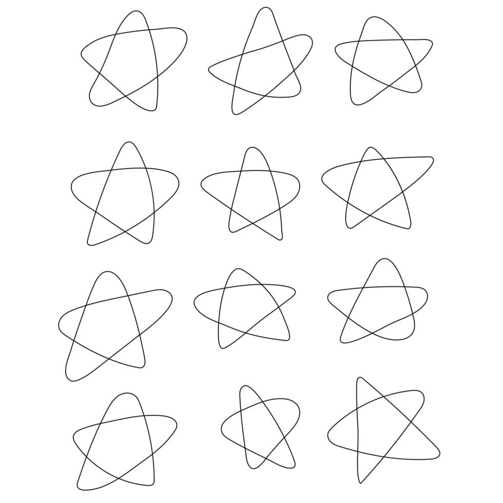 Set of continuous line stars in hand drawn doodle childish style. Vector illustration of outline five-pointed star