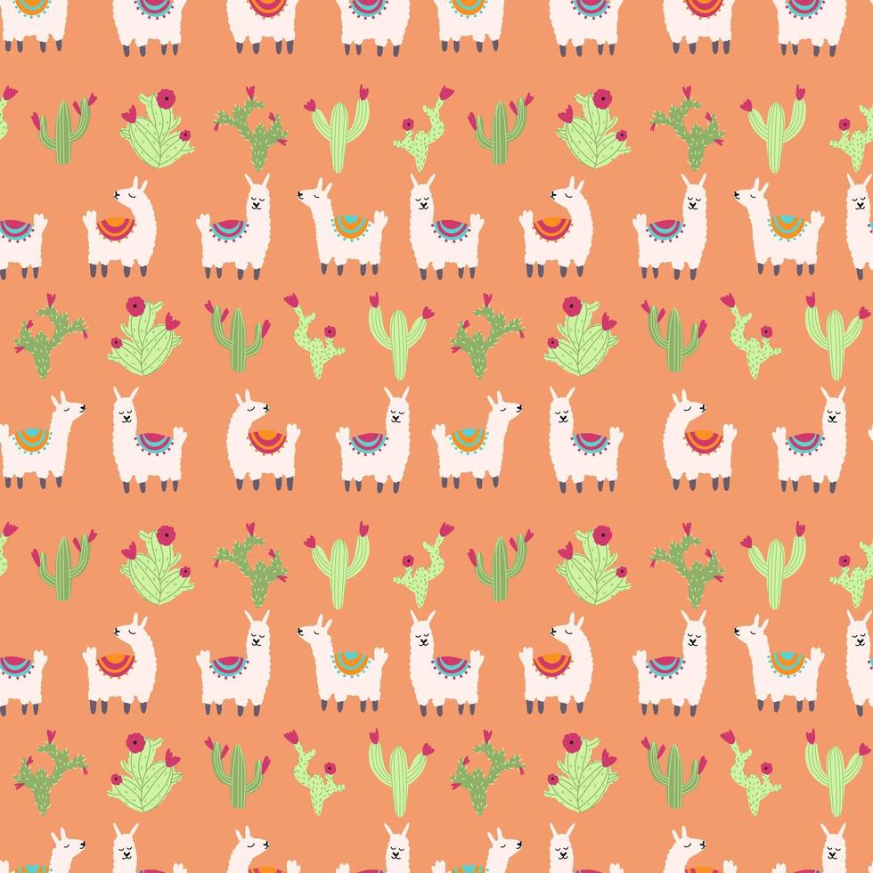 Lama alpaca seamless pattern with cactus. Vector illustration of nursery characters in cartoon hand drawn doodle childish style for baby apparel, textile design, wrapping paper, scrapbooking.