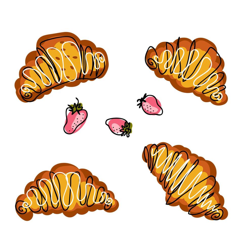 Croissants and strawberries hand drawn collection. vector