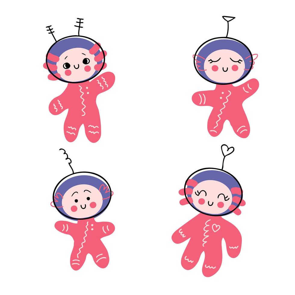 Hand drawn axolotls salamander babies astronauts collection. vector