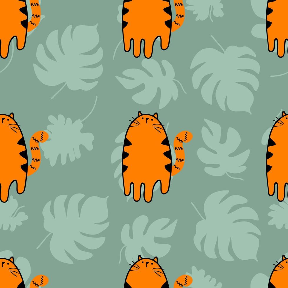 Hand drawn seamless pattern with tigers and tropical leaves. vector