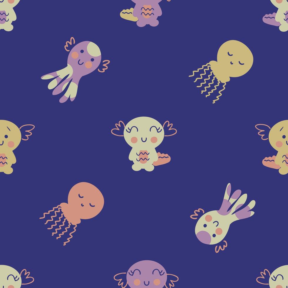 patrón sin costuras de verano con ajolotes, pulpos y medusas. vector