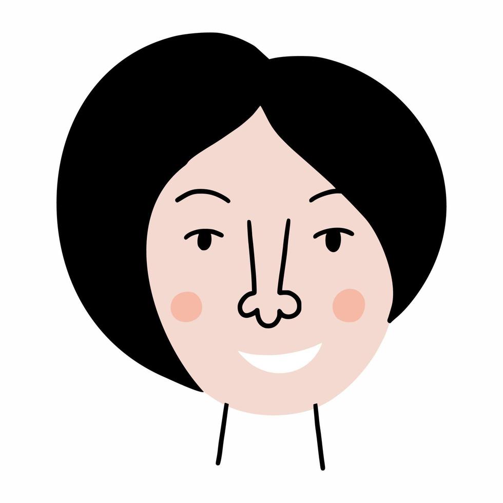 Happy woman with beautiful smile. Vector doodle illustration  . Female hairstyle. Face of girl in cartoon style.