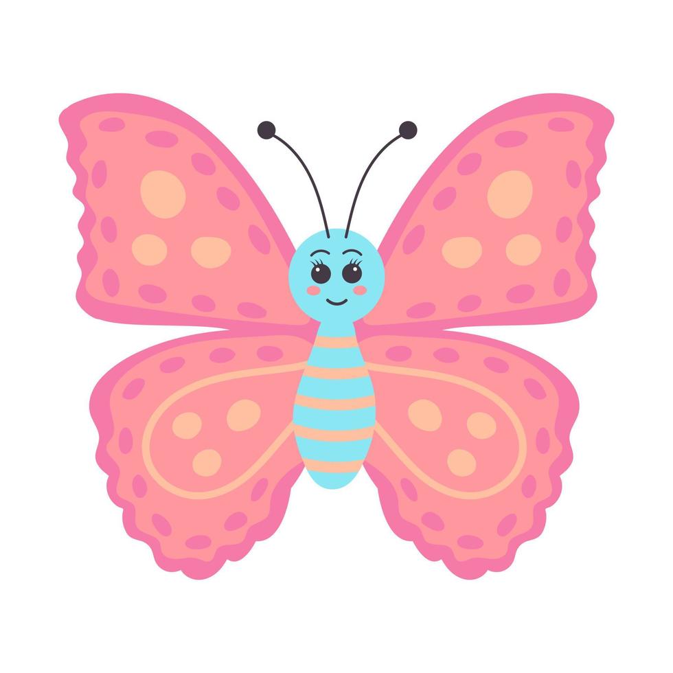 Cute colorful smiling butterfly. Flying insect. Cartoon character. vector