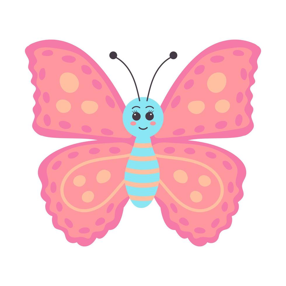 linda mariposa sonriente colorida. insecto volador personaje animado. vector