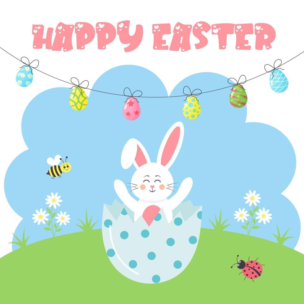 Easter bunny sitting in the egg shell on the meadow. Painted eggs are hanging on the rope. Cartoon bee, ladybug and daisies. Happy Easter postcard. vector