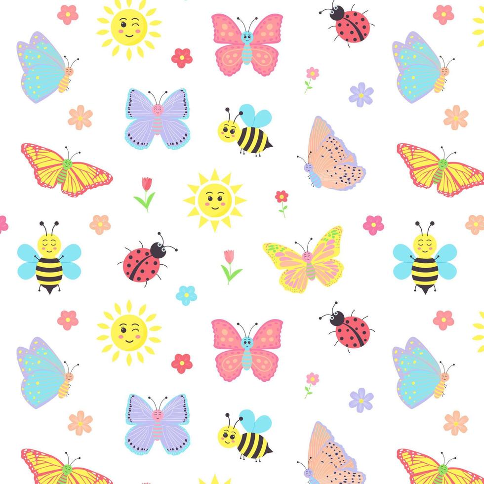 coloridas mariposas de dibujos animados, abejas, soles, mariquitas y flores  sin fisuras de fondo. 5912770 Vector en Vecteezy