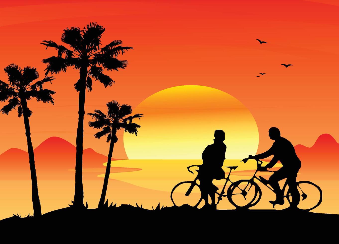 Silhouettes of a man and a woman riding bikes, palm trees and a hill vector